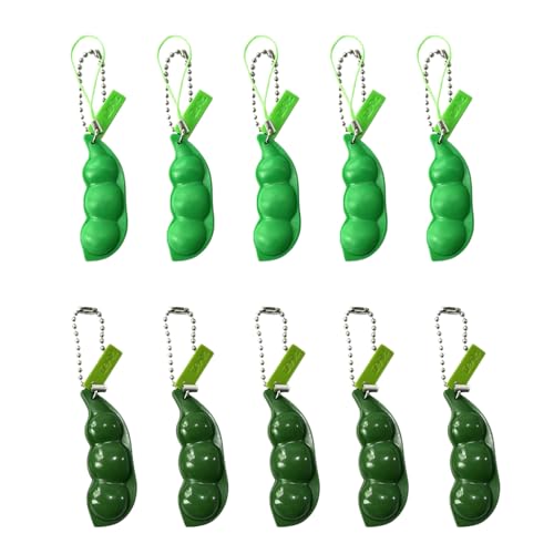 10 Stück Edamame Schlüsselanhänger Set, 5x Hellgrün & 5x Dunkelgrün Squeeze Erbsen, Lustige Anti Stress Bohnen Anhänger für Rucksack & Handy, Entspannende Fingerübung gegen Nervosität für Erwachsene