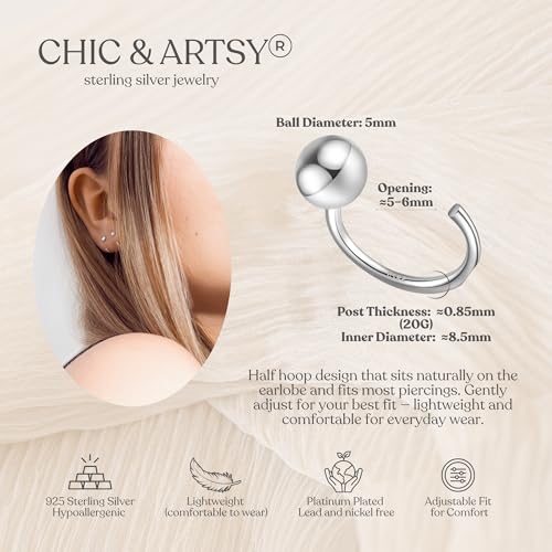 Image of CHIC & ARTSY 925 Sterling Silver Half Hoop Earrings for Women, Small Huggie Hoops Set with Ball Bar Star Moon Cross & Pearl, Lightweight Comfort Fit Everyday & Sleep Earrings