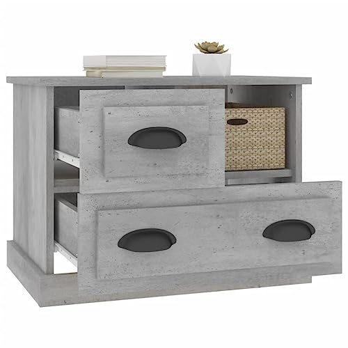 Table de Chevet 2 Tiroirs Gris Béton avec Grand Compartiment Ouvert - 6