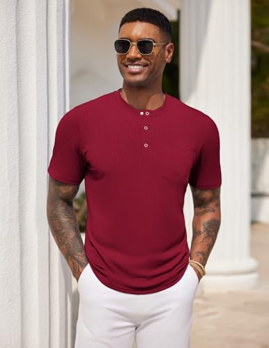 COOFANDY Camisa Henley de punto de manga corta para hombre, con bolsillo, botón a presión, cuello redondo, camiseta básica de verano, Vino tinto, S