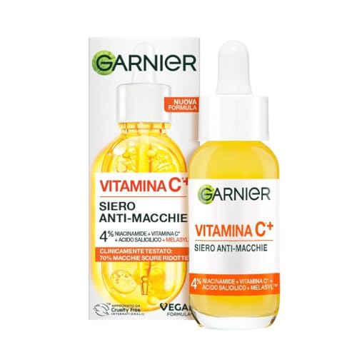 Garnier Siero Vitamina C Anti-Macchie, Illuminante e Rimpolpante, Arricchito con Vitamina C, Niacinamide e Acido Salicilico, Pelle Libera dalle Macchie Scure in Solo 6 Giorni, Incarnato Luminoso, 30ml