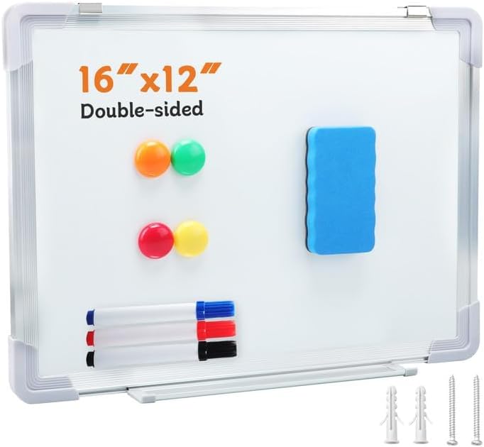 30 pcs Magnetic Whiteboard 16×12 inches, Double-Sided Wall-Mounted Magnetic whiteboard, Includes 1 Eraser, 3 Markers, and 4 Magnets, Silver Aluminum Frame, Long Pen Tray (30)