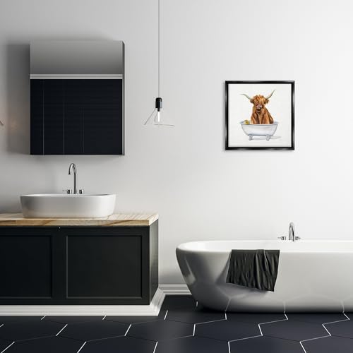 Image of Shaggy Country Cattle in Tub, 17 x 17 Inch Canvas in Floater Frame | Stupell Industries . By Donna Brooks . Ready to hang . Bathroom or farmhouse decor . Made in USA