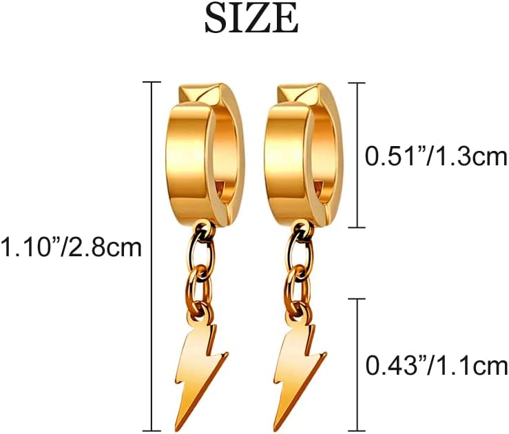 Unisex Punk Hip Hop Stainless Steel Silver Black Gold Tone Lock Thunder Lightning Bolt Dangle Huggie Hoop Earrings Gift for Women Men Boy Teens - Image 5