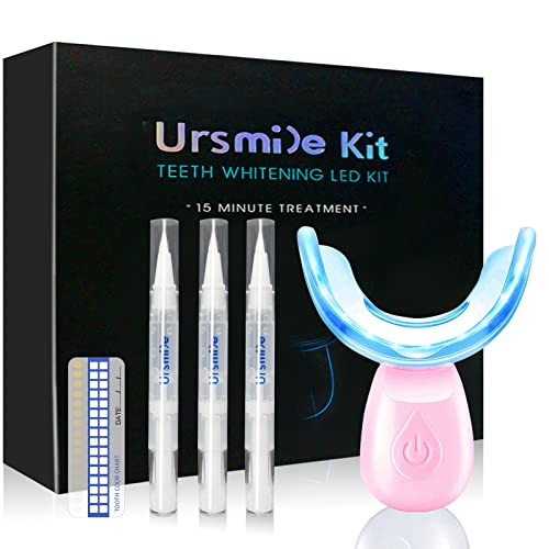 HIYAA 16 LED Teeth Whitening Kit with 3 Gel Refills, Pink Tray - Sensitivity Free Whitener for Home & Travel