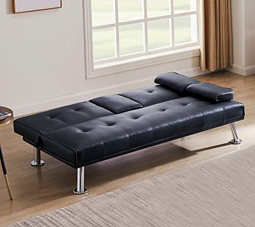 Hansones Futon Sofa Bed Modern Linen Fabric Couch Bed Loveseat Convertible Daybed With 2 Cup Holders And Removable Armrests For For Compact Living Space Apartment Dorm Office (Black) #TOP1