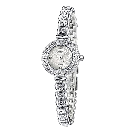 Mother's Day Gift from Daughter Son Clastyle Silver Rhinestones Bracelet Watch for Women Girls Elegant Thin Stainless Steel Strap Wrist Watches Gift for Mom