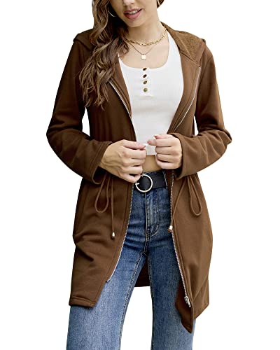 Ywyxhzha Womens Cozy Loose Full Zip Up Hooded Sweatshirts Drawstring Long Fleece Jacket Coat (Brown,Medium) #TOP1