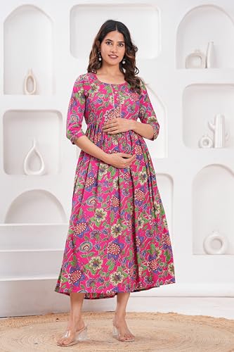 Image of Women's Feeding Kurta Cotton | Floral Anarkali Pregnancy Kurta with Nursing Zipper | Pre & Post Partum | Maternity Dresses | Mom to Be Gift