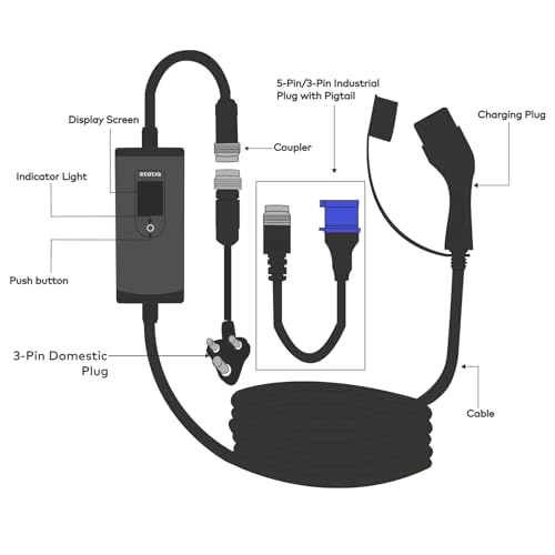 Image of Statiq 7.4kW Portable EV Charger with Carry Bag & Wall Bracket | 32A Type 2 AC | 3 Pin Industrial Plug with Connector | 6A-32A Adjustable | IP66 | LED Display | Home, Office & Travel | 2 Yr Warranty