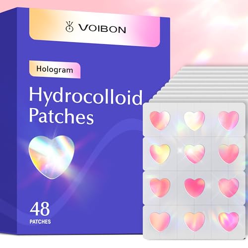 Voibon Hologram Pimple Patches for Face, Cute Hydrocolloid Acne Patches, Salicylic Acid & Tea Tree Colorful Heart Spot Stickers,Zits & Blemish, Pink Heart Zit Patches 12MM(48 Count)