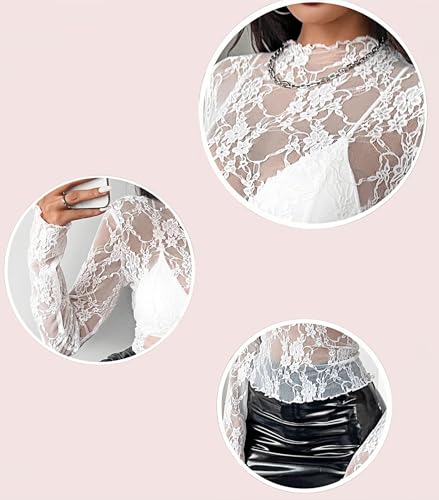 ROSVAJFY Durchsichtiges Oberteil mit Spitze Langarmshirt mit Mesh Spitzen Top Langarm Netzoberteil (DE/NL/SE/PL, Alphanumerisch, M, Regular, Regular, Weiß)