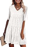 KIRUNDO Womens Summer Dresses 2024 Casual V Neck Short Sleeve Star Print Ruffle Loose Flowy Mini Babydoll Dress Maternity Dress (Star-White, X-Large)