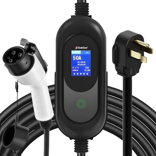SubSun EV Charger J1772 Electric Vehicle Charger 50Amp Level 2,240V 25FT Adjustable Current & Delay Charging & Portable w/NEMA 14-50 Plug & Tesla Adapter for Home, Outdoor, Camping Charging by SubSun - Used condition - US$224.28