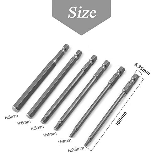 Mesee 6Pcs Magnetic Inner Hexagon Head Screwdriver Bits Set, H2.5-H8 Allen Wrench Drill Bit S2 Steel Screw Driver Power Tools Accessory Kit with 1/4\'\' Hex Shank, 100mm Length