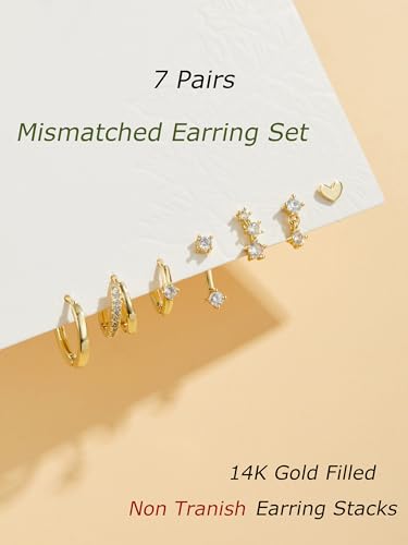 Small Gold Hoop Earrings for Women -7 Pairs Hypoallergenic 14K Gold Plated Stud Huggie Earring Sets for Multiple Piercing Cute Dainty Earring Stacks Cartilage Studs Trendy Gold Jewelry Gifts4