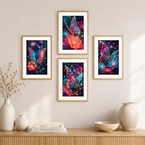 Image of Livin'luxe Set of 4 Neon Butterfly Floral Wall Paintings with Sparkle Laminate and Premium Wooden Synthetic Frame for Living Room Bedroom Office Decor (13.5 x 19.5 Inch)