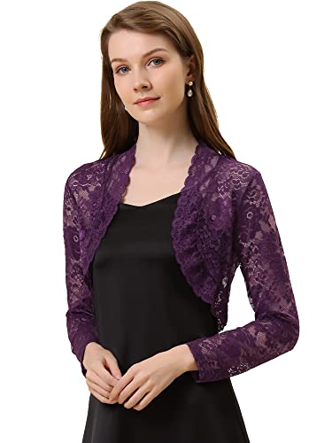 Allegra K Femmes Cardigan Ouvert Manches Longues Boléro Dentelle Florale Violet foncé M
