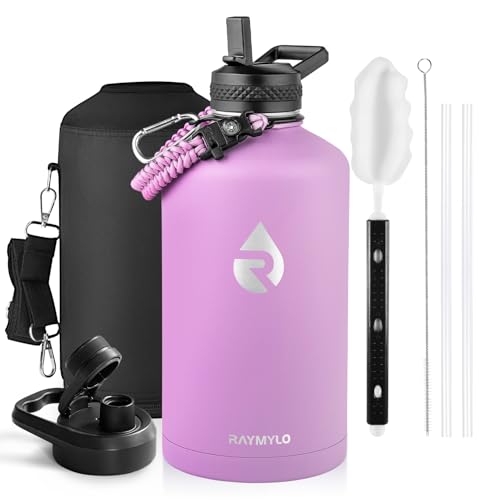 Image of RAYMYLO One Gallon Water Bottle Insulated, Triple Walled Vacuum Stainless Steel (Cold for 48 Hrs), Leak Proof & Non-BPA, Large Water Flask Jug with Paracord Handle & Straw Spout Lids