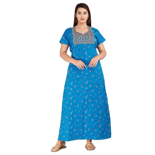 Deepali creation Cotton Embroidery Nighty for Womens/Girls Regular Nighty Rajasthani Nighty Gown Jaipuri Nighty Jaipuri Gown Maxi Gown (Free Size, Sky Blue)