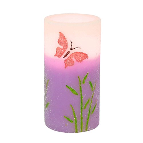 PRIMROSE Flameless LED Candle with Timer Battery Operated Real Wax Pillar Candles Embossed Purple Butterfly Pattern
