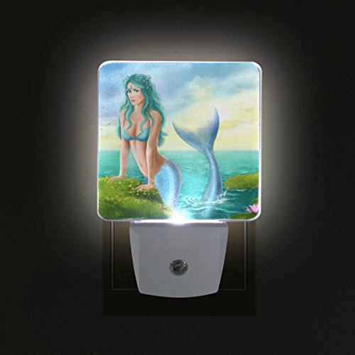 Naanle Set Of 2 Fantasy Beautiful Woman Mermaid In Sea Blue Ocean Sky Lotus Flower Auto Sensor Led Dusk To Dawn Night Light Plug In Indoor For Adults #TOP2
