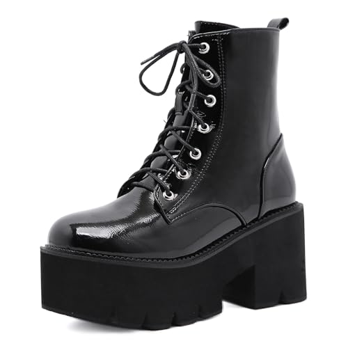 Women'S Leather Round Toe Lace-Up Platform Chunky Heel Ankle Boots Fashion Side Zipper Chunky High Heels Combat Booties Anti-Slip Wedges Motorcycle Boots
