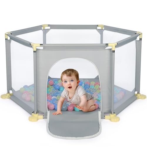 Hadibio Baby Playpen, 6-Panel Portable Play Yard Playpen for Babies and Toddlers with Zipper Door and 30 Balls, Breathable Safety Activity Center, Indoor and Outdoor Anti-Slip Play Fence (Light Grey)