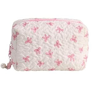 Small Makeup Bag for Handbag, Small Cute Cosmetic Bag, Coquette Make Up Bag Quilted Makeup Pouch Pink Bow Cosmetic Pouch for Women, Small Travel Make Up Bag for Purse, Small Organizer