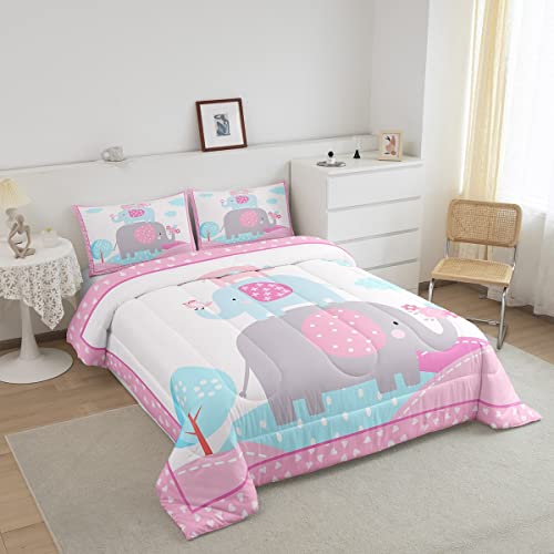 Girls Cute Elephant Twin Size Comforter Set,Kids Cartoon Animals Decor All Season Bedding Set,Teens Pink Teal White Comforter,Children Kawaii Girly Dreamy Decor Quilt Set Bedroom Collection 2Pcs #TOP2