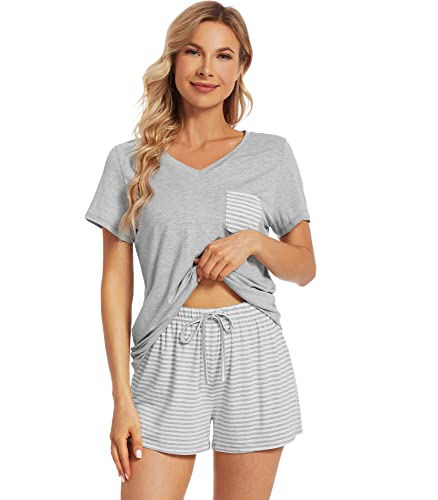 Image of WiWi Womens Pajamas Set Bamboo Viscose Super Soft Short Sleeve Top Ruffle Shorts Sleepwear Cooling Pj Sets S-XXL