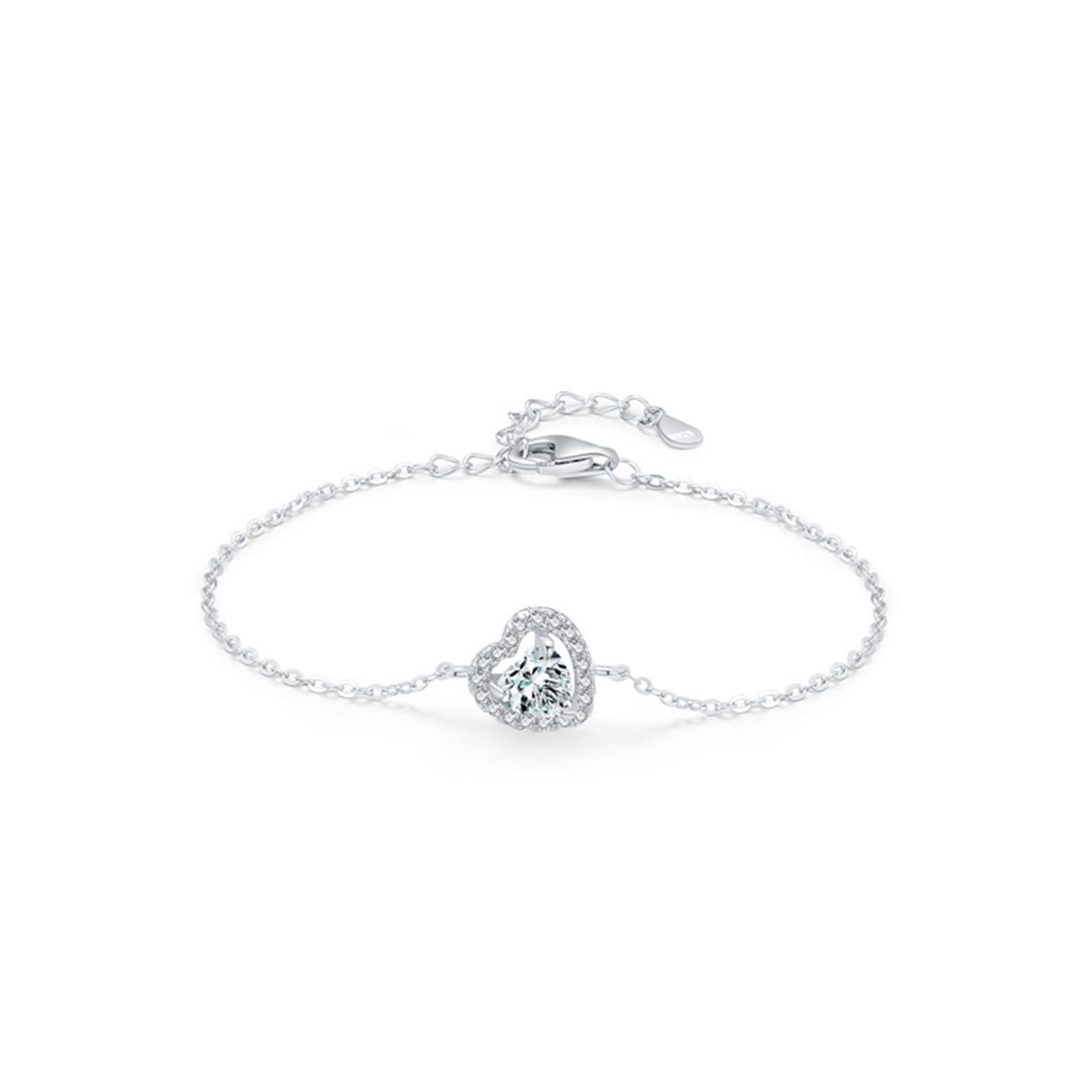 Pulsera Oro Blanco 9K / 14K / 18K Mujer, Cadena con Corazón y Diamante Creado de 0,5 ct, Cadena Extensible 16 CM + 5 CM, Pulseras para Mujer Ajustable Plata