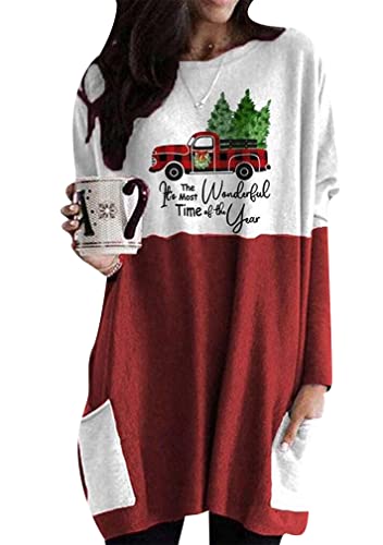 Bofeta Christmas Sweatshirt For Women Funny Xmas Lights Scoop Neck Pullover Dress Tops Holiday Shirts Car Red L #TOP13