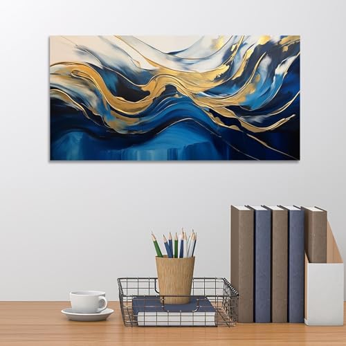 Peinture sur toile abstraite bleue prête à accrocher pour mur vide