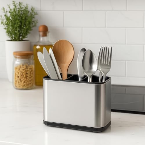 Image of Stainless Steel Spoon Holder & Cutlery Stand for Kitchen | Knife, Spoon, Fork Organizer | Large Utensil & Spatula Holder for Countertop & Dining Table