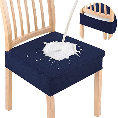 Image of Smiry Waterproof Seat Covers for Dining Room Chairs, No Rear Covers | Stretch Jacquard Removable Washable Chair Seat Slipcovers Protector, Set of 4, Navy