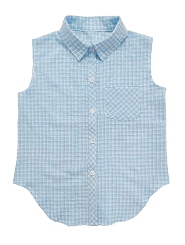 Image of Girls Plaid Sleeveless Button Down Shirt Summer Crop Tops Tie Knot Blouse Tank Tops 4-13Y