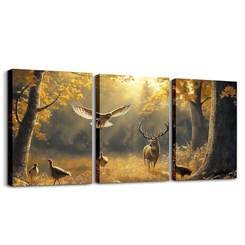 Toile murale cerf sauvage triptyque rustique marron jaune pour chambre