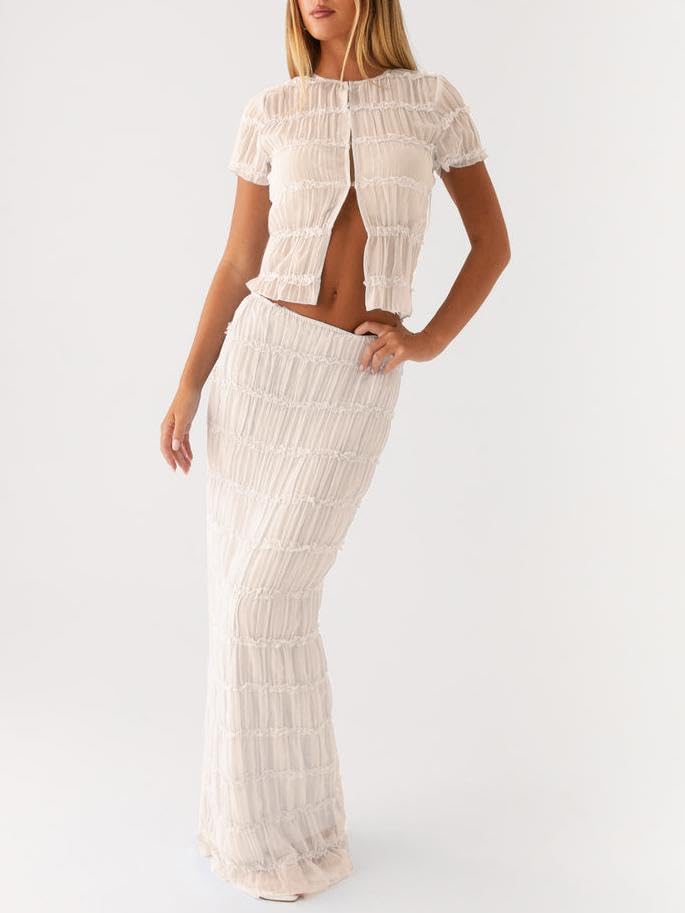 Women Y2k 2 Piece Maxi Skirt Set Ruched Short Sleeve Crop Top Flowy Ruffle Long Skirt Outfits Beachwear2