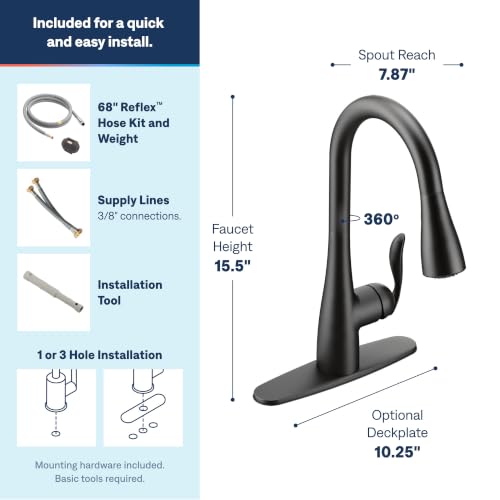 Image of Moen Arbor Matte Black One-Handle Pulldown Kitchen Sink Faucet Featuring Power Boost and Reflex Docking System, Black Kitchen Faucet with Pull Down Sprayer, 7594BL