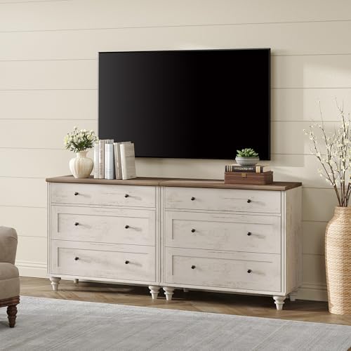 Image of WAMPAT Kids Dresser for Bedroom with 6 Drawers, Baby Dressers with Wide Chest of Drawers, Farmhouse Wooden Closet Storage Organizer, Large Wood Dressers for Living Room, Nursery, Hallway, Rustic White