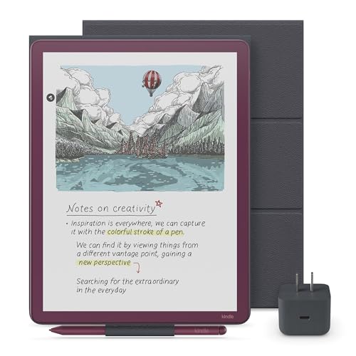 Image of Amazon Kindle Scribe Essentials Bundle - Amazon Kindle Scribe Colorsoft (64GB) - Fig, Premium Pen, Premium Leather Folio Cover-Graphite,Power Adapter