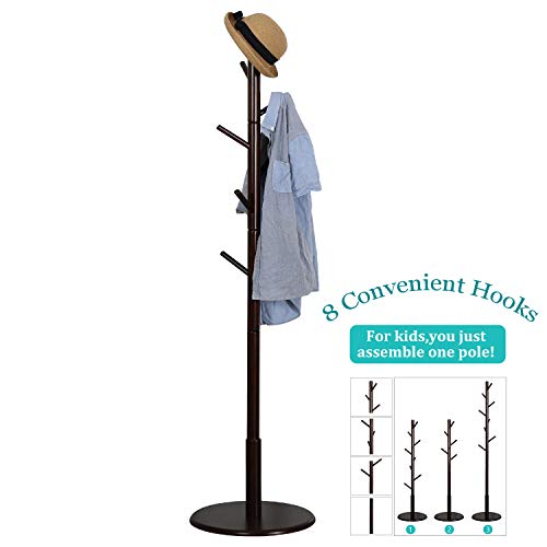 Vlush Sturdy Wooden Coat Rack Stand, Entryway Hall Tree Coat Tree With Solid Round Base For Hat,Clothes,Purse,Scarves,Handbags,Umbrella-(8 Hooks,Dark Brown) #TOP3