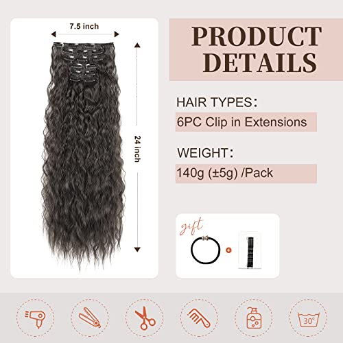 Yogfit Clip In Long Wavy Synthetic Hair Extension 24 Inch 6Pcs Balayage Black Brown Thick Hairpieces Natural Soft Synthetic Fiber Double Weft For Women #TOP1