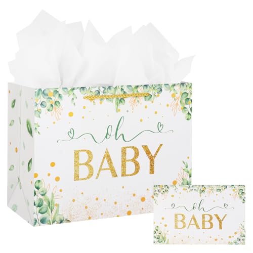 Image of Medium Baby Gift Bags Paper for Baby Shower,Reusable Baby Gift Shower Bags with Tissue Paper and Greeting Card for Boy and Girl Baby Shower Party-30x12x22cm (White)