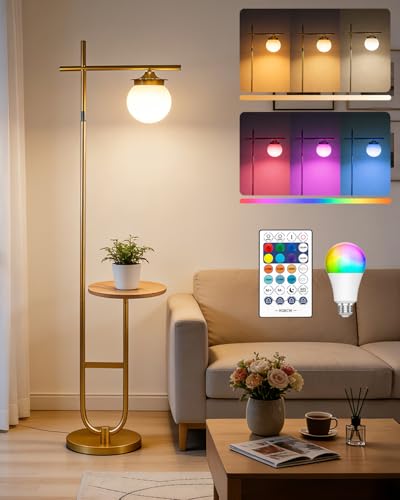 Image of Lightdot RGBCW Floor Lamp for Living Room with Remote, Modern Standing Tall Lamp with Storage Table, Cross-Shaped Lamp Head and U-Pole Base Style for Bedroom, Office, Home Decor, Foot Switch