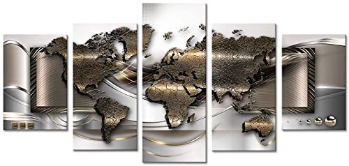 Decor-World Map Canvas Wall Art Painting Silver Gray 5 Panels Framed for Kid Living Room Modern Framed Abstract Global Map HD Picture Artwork Giclee