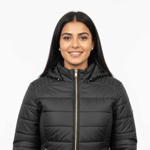 Image of Women's Nylon Puffer Jacket for Winter | Lightweight Warm Quilted Outerwear with Hood | Front Zipper Closure & Secure Pockets | Wind-Resistant Casual Jacket for Women