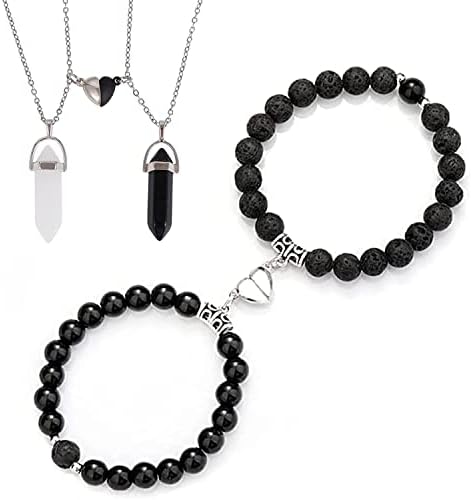 Magnetic Couples Chakra Bracelets, Long Distance Touch Love Bracelets & Necklace, Matching Bracelets for BFand GF, Friends (black&black)