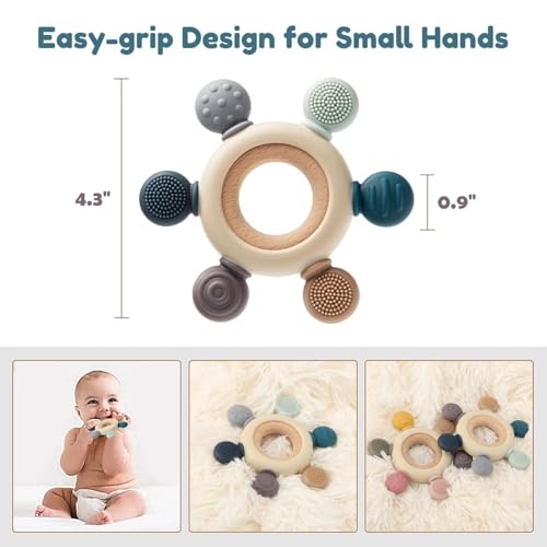 Image of Akolik Baby Teething Ring Set, Silicone Teethers, BPA-Free Grasping Toys for 0-18 Months, Grey (Silicone)